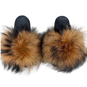 Fox fur slides Furry Fluffy Cozy Warm Sandals Tan‎ Black mobwife